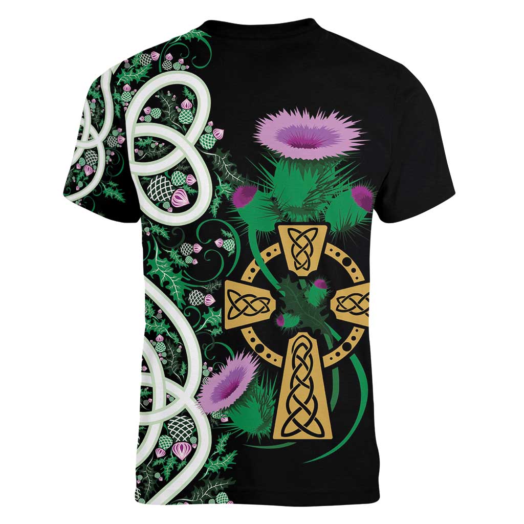 Scottish Celtic Cross Thistle Flowers Women V-Neck T-Shirt