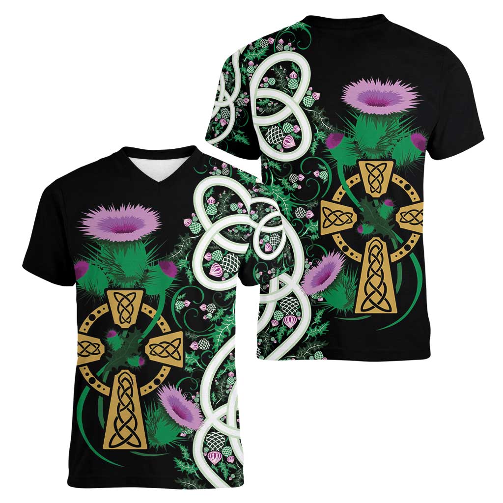 Scottish Celtic Cross Thistle Flowers Women V-Neck T-Shirt