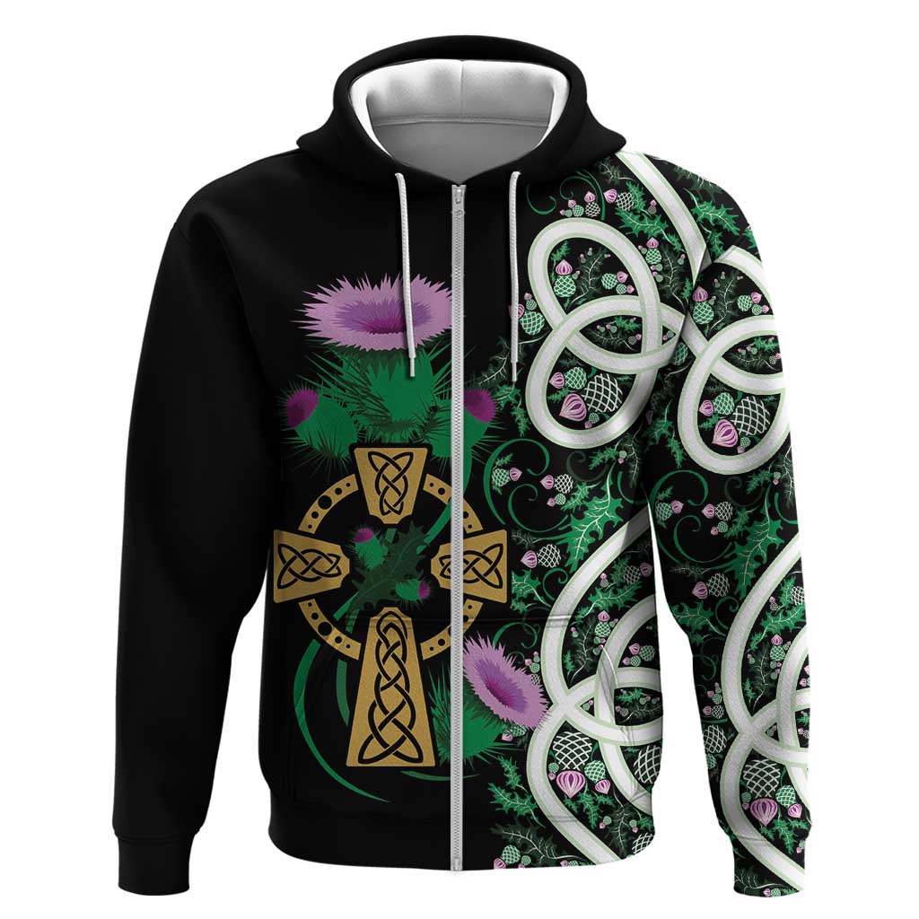 Scottish Celtic Cross Thistle Flowers Zip Hoodie