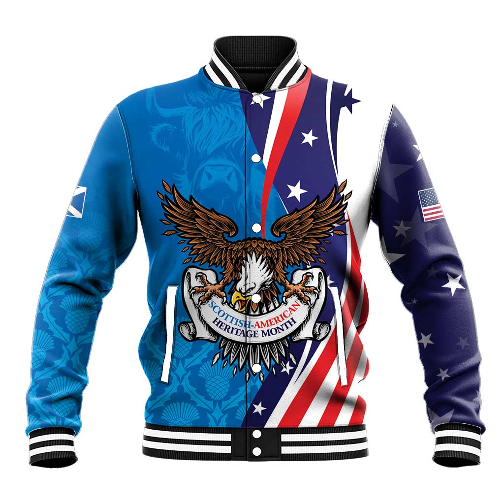 Scottish-American Heritage Month Personalized Baseball Jacket Highland Cow and USA-eagle