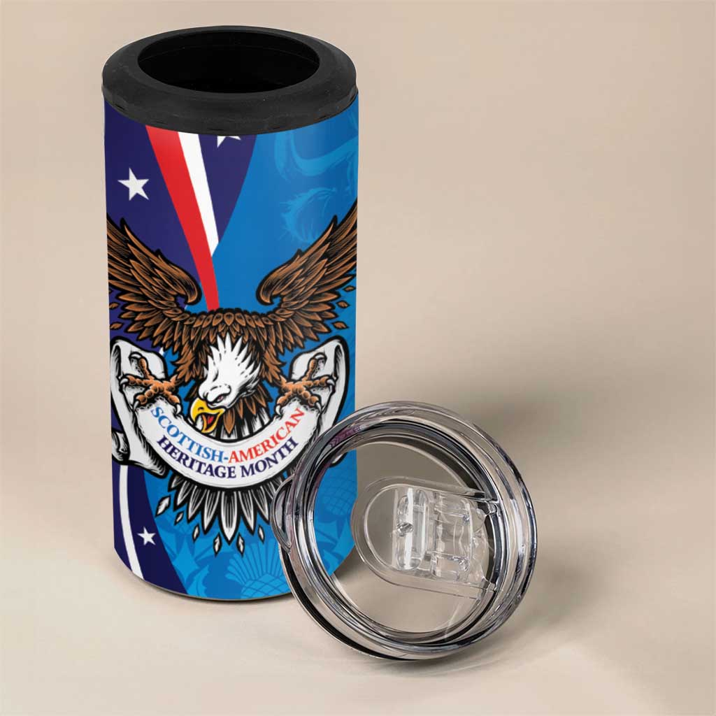 Scottish-American Heritage Month Personalized 4 in 1 Can Cooler Tumbler Highland Cow and USA-eagle