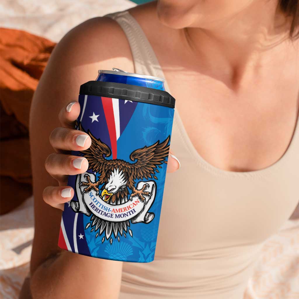 Scottish-American Heritage Month Personalized 4 in 1 Can Cooler Tumbler Highland Cow and USA-eagle