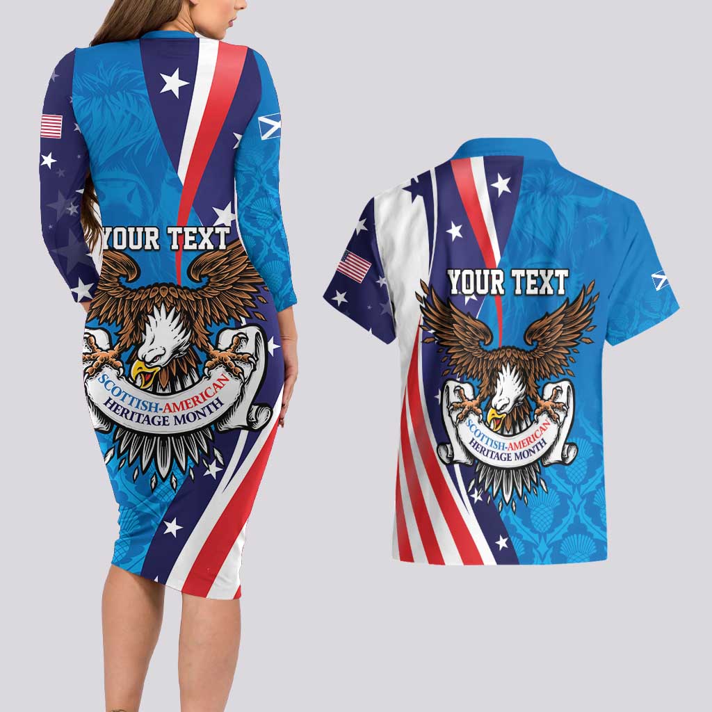 Scottish-American Heritage Month Personalized Couples Matching Long Sleeve Bodycon Dress and Hawaiian Shirt Highland Cow and USA-eagle