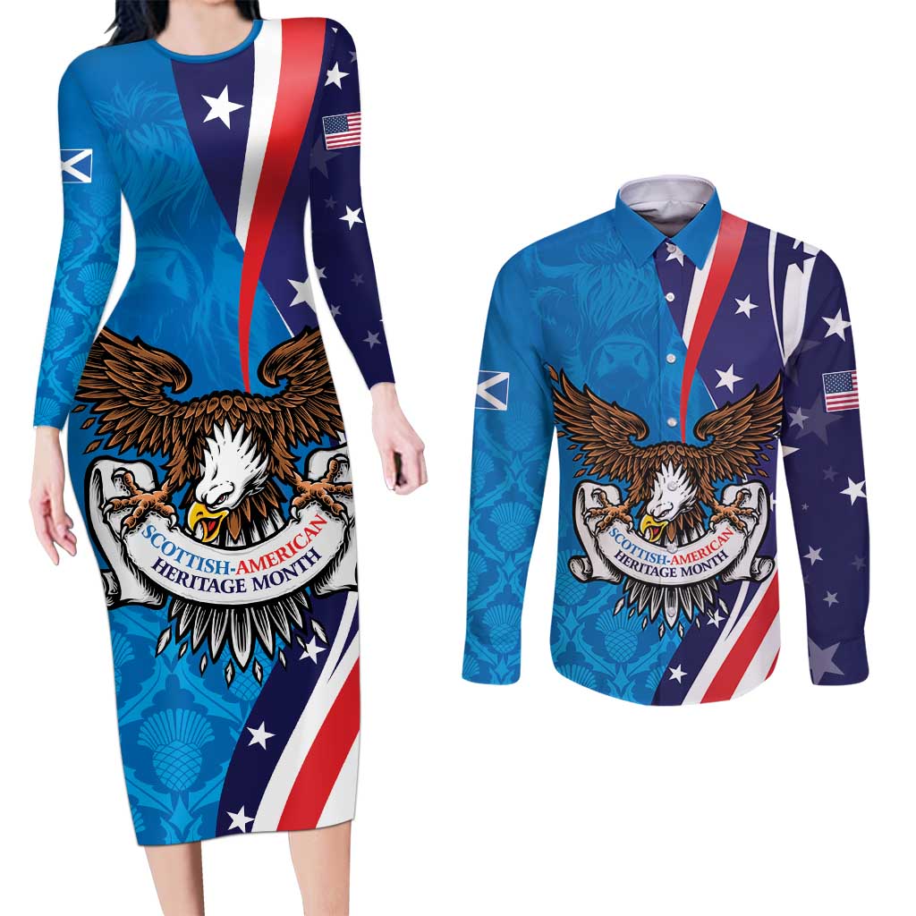 Scottish-American Heritage Month Personalized Couples Matching Long Sleeve Bodycon Dress and Long Sleeve Button Shirt Highland Cow and USA-eagle