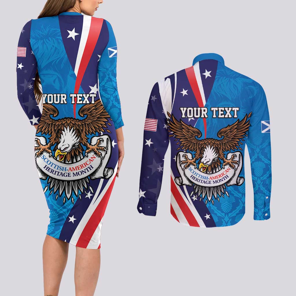 Scottish-American Heritage Month Personalized Couples Matching Long Sleeve Bodycon Dress and Long Sleeve Button Shirt Highland Cow and USA-eagle