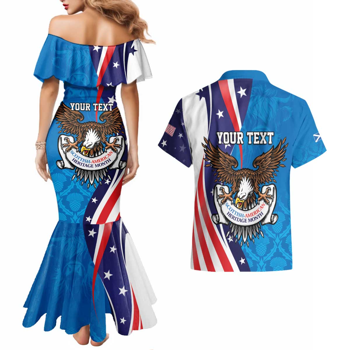 Scottish-American Heritage Month Personalized Couples Matching Mermaid Dress and Hawaiian Shirt Highland Cow and USA-eagle