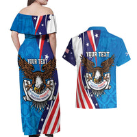 Scottish-American Heritage Month Personalized Couples Matching Off Shoulder Maxi Dress and Hawaiian Shirt Highland Cow and USA-eagle
