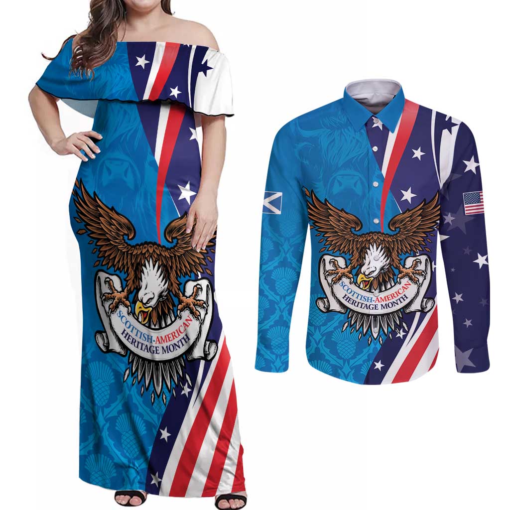 Scottish-American Heritage Month Personalized Couples Matching Off Shoulder Maxi Dress and Long Sleeve Button Shirt Highland Cow and USA-eagle