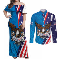Scottish-American Heritage Month Personalized Couples Matching Off Shoulder Maxi Dress and Long Sleeve Button Shirt Highland Cow and USA-eagle
