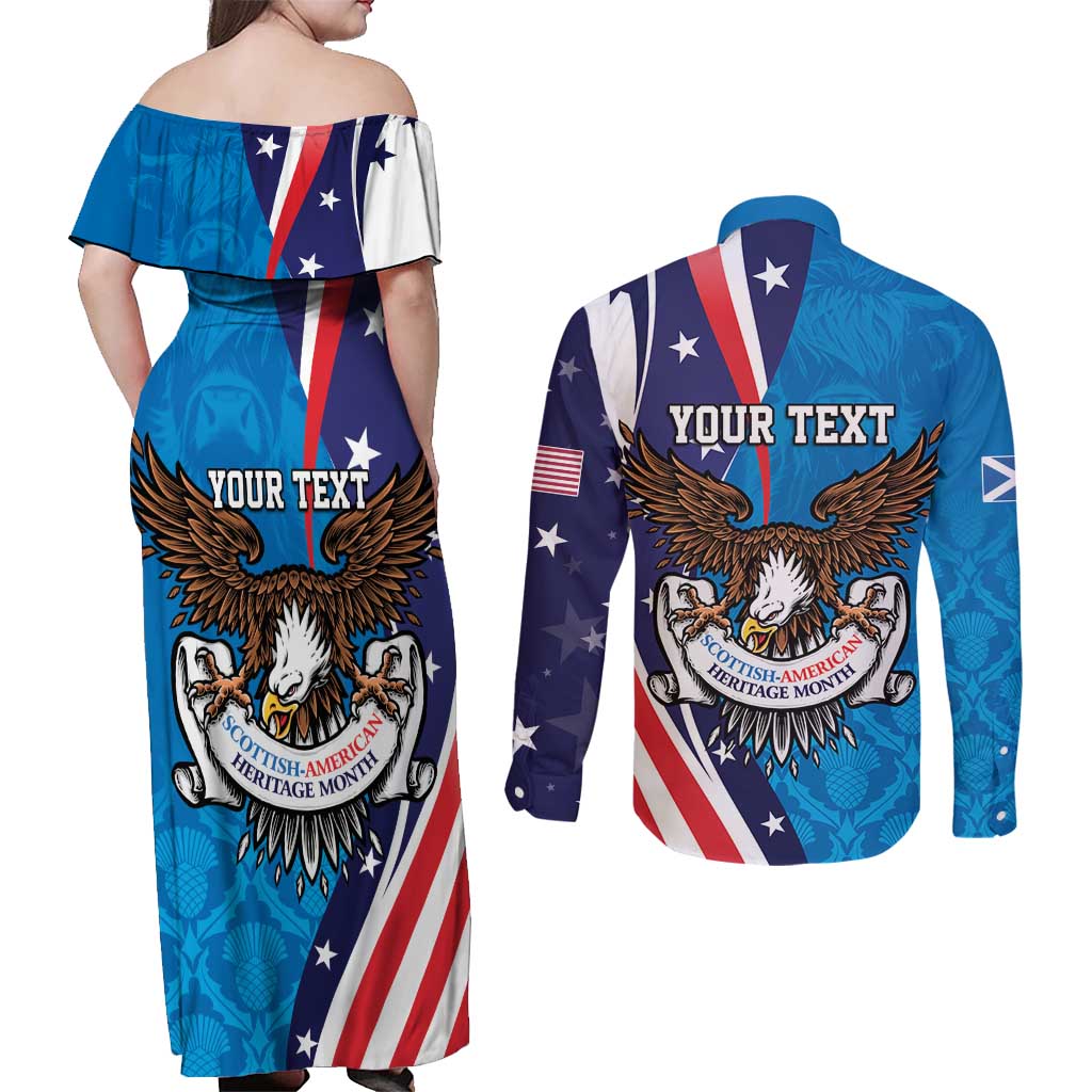 Scottish-American Heritage Month Personalized Couples Matching Off Shoulder Maxi Dress and Long Sleeve Button Shirt Highland Cow and USA-eagle
