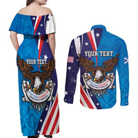 Scottish-American Heritage Month Personalized Couples Matching Off Shoulder Maxi Dress and Long Sleeve Button Shirt Highland Cow and USA-eagle