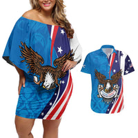 Scottish-American Heritage Month Personalized Couples Matching Off Shoulder Short Dress and Hawaiian Shirt Highland Cow and USA-eagle