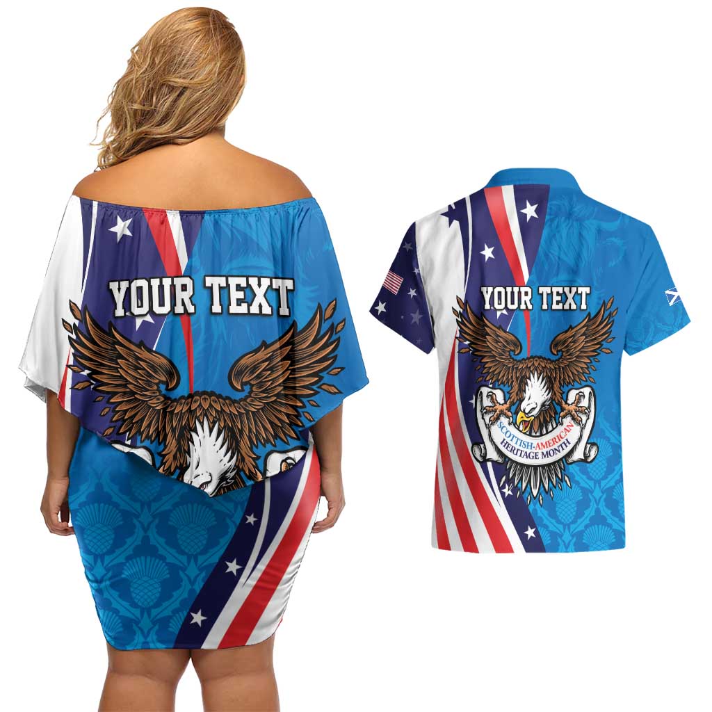 Scottish-American Heritage Month Personalized Couples Matching Off Shoulder Short Dress and Hawaiian Shirt Highland Cow and USA-eagle