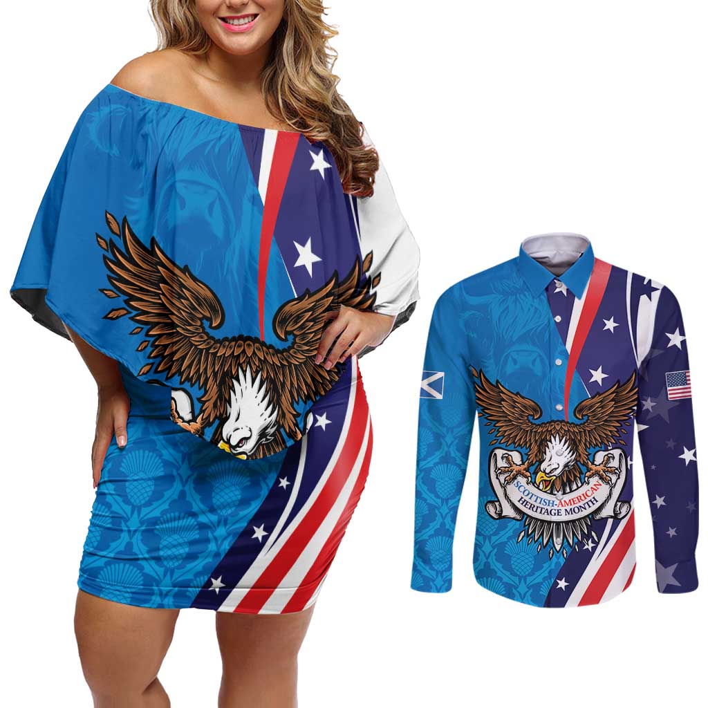 Scottish-American Heritage Month Personalized Couples Matching Off Shoulder Short Dress and Long Sleeve Button Shirt Highland Cow and USA-eagle