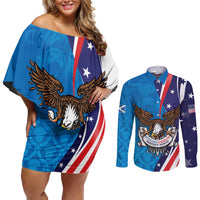 Scottish-American Heritage Month Personalized Couples Matching Off Shoulder Short Dress and Long Sleeve Button Shirt Highland Cow and USA-eagle