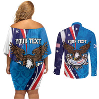 Scottish-American Heritage Month Personalized Couples Matching Off Shoulder Short Dress and Long Sleeve Button Shirt Highland Cow and USA-eagle