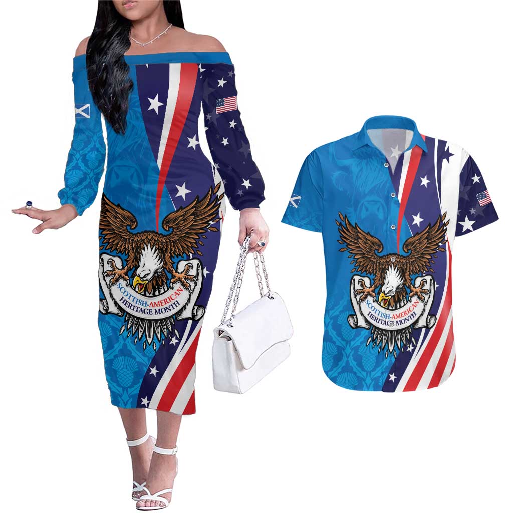 Scottish-American Heritage Month Personalized Couples Matching Off The Shoulder Long Sleeve Dress and Hawaiian Shirt Highland Cow and USA-eagle