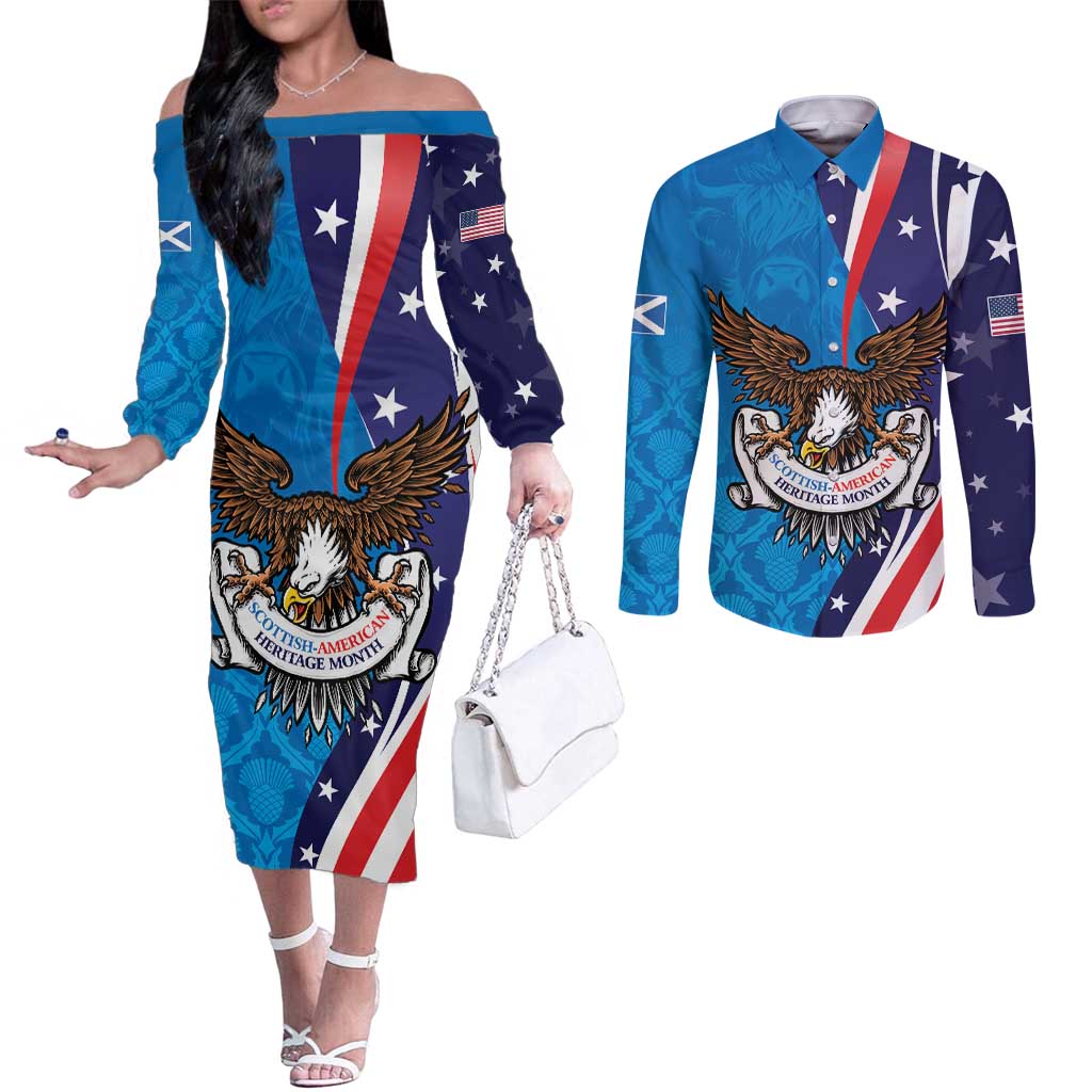 Scottish-American Heritage Month Personalized Couples Matching Off The Shoulder Long Sleeve Dress and Long Sleeve Button Shirt Highland Cow and USA-eagle