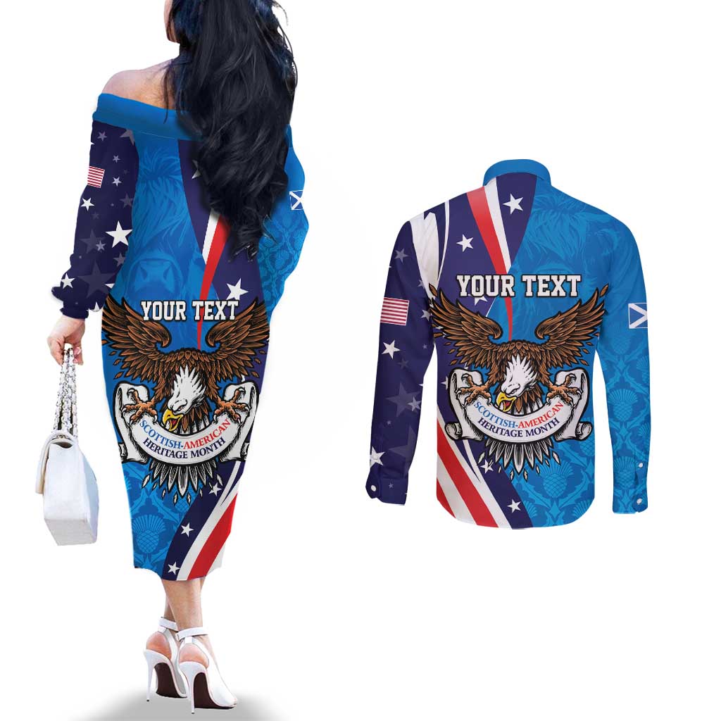 Scottish-American Heritage Month Personalized Couples Matching Off The Shoulder Long Sleeve Dress and Long Sleeve Button Shirt Highland Cow and USA-eagle