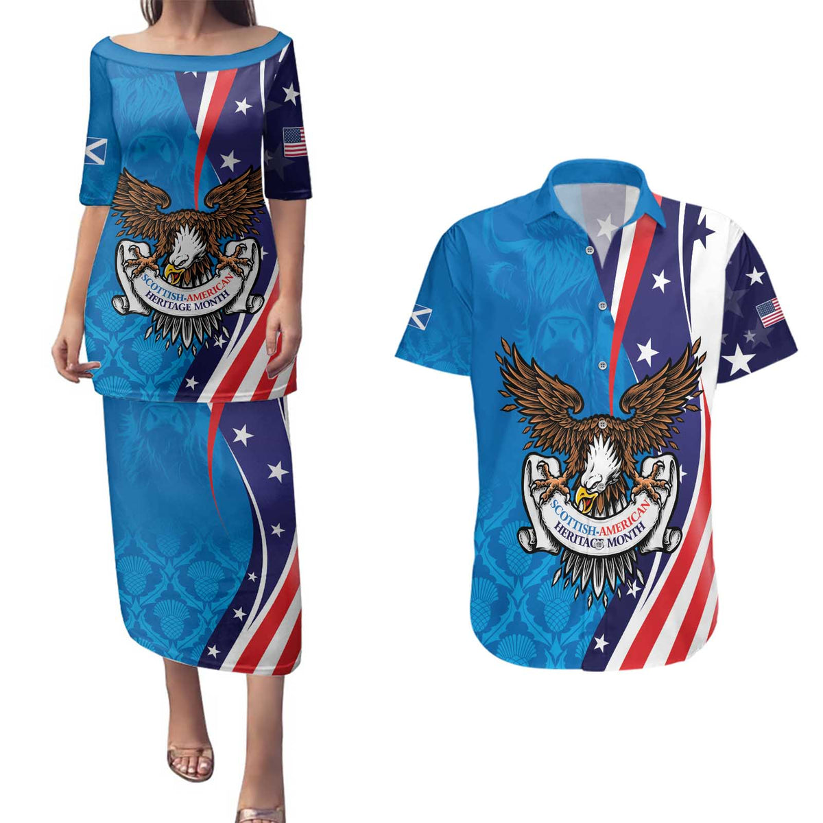 Scottish-American Heritage Month Personalized Couples Matching Puletasi and Hawaiian Shirt Highland Cow and USA-eagle