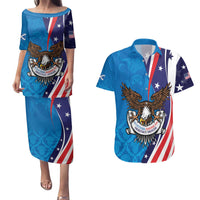 Scottish-American Heritage Month Personalized Couples Matching Puletasi and Hawaiian Shirt Highland Cow and USA-eagle