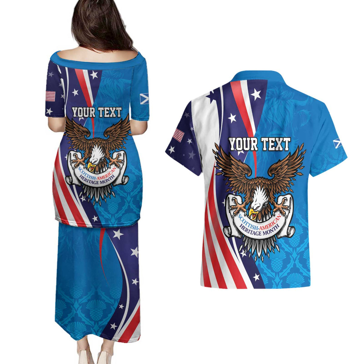 Scottish-American Heritage Month Personalized Couples Matching Puletasi and Hawaiian Shirt Highland Cow and USA-eagle