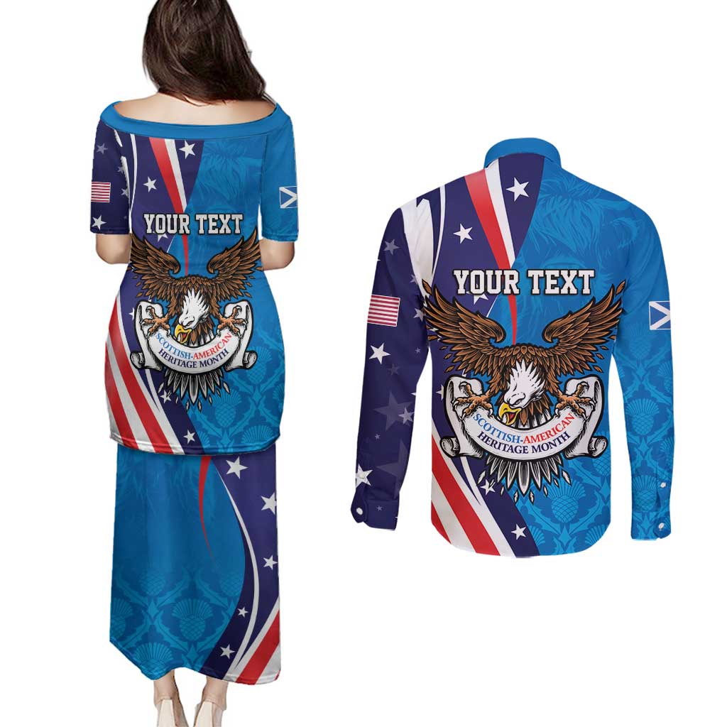 Scottish-American Heritage Month Personalized Couples Matching Puletasi and Long Sleeve Button Shirt Highland Cow and USA-eagle