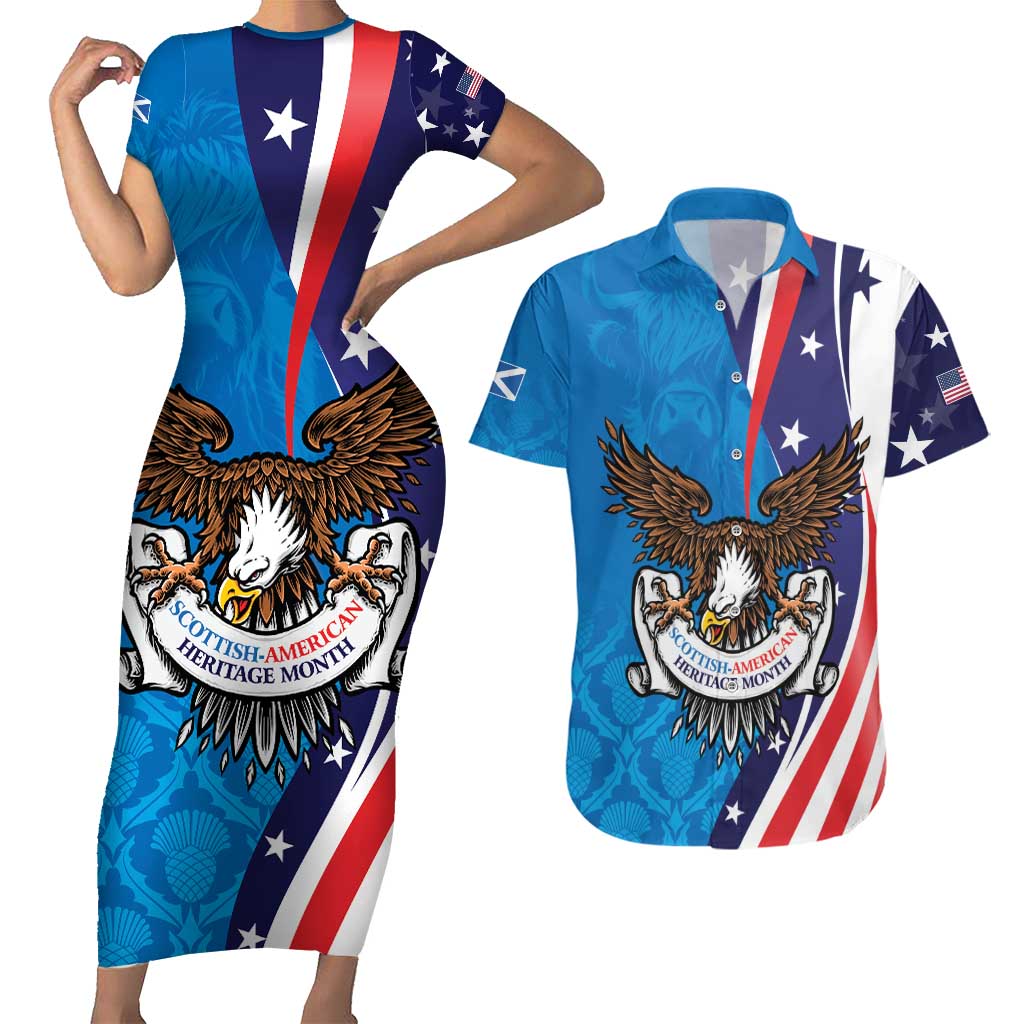 Scottish-American Heritage Month Personalized Couples Matching Short Sleeve Bodycon Dress and Hawaiian Shirt Highland Cow and USA-eagle