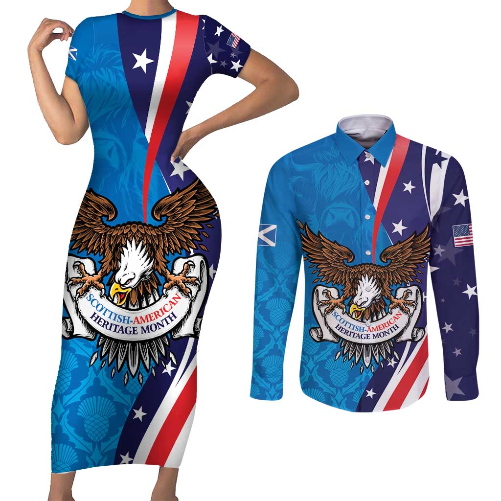 Scottish-American Heritage Month Personalized Couples Matching Short Sleeve Bodycon Dress and Long Sleeve Button Shirt Highland Cow and USA-eagle