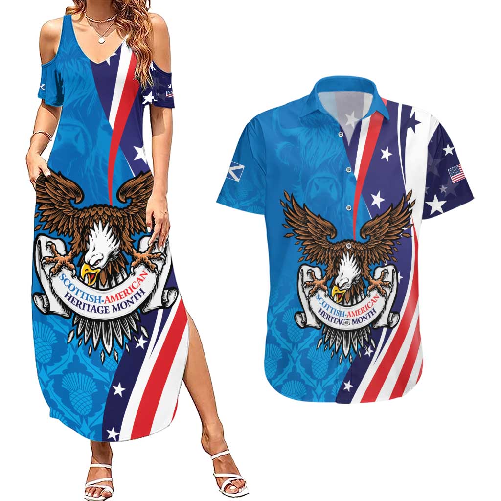 Scottish-American Heritage Month Personalized Couples Matching Summer Maxi Dress and Hawaiian Shirt Highland Cow and USA-eagle