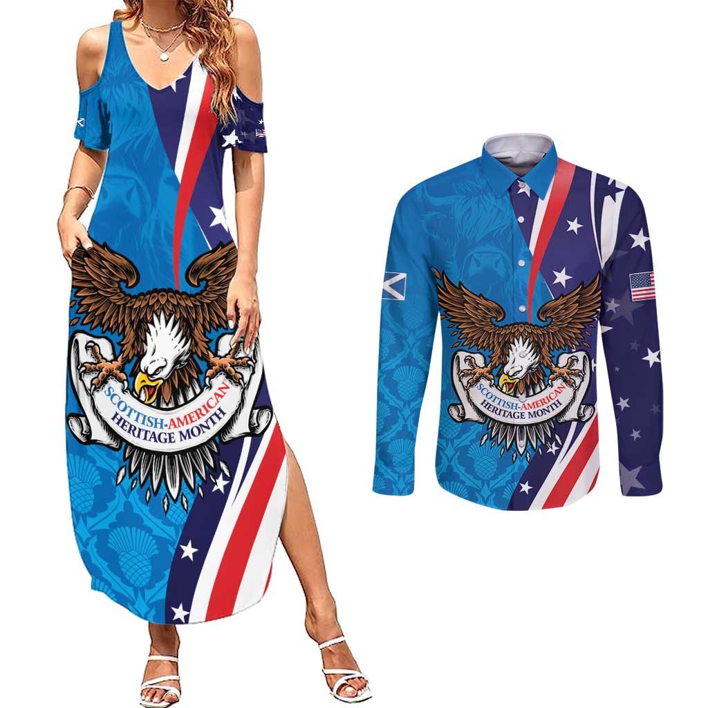 Scottish-American Heritage Month Personalized Couples Matching Summer Maxi Dress and Long Sleeve Button Shirt Highland Cow and USA-eagle