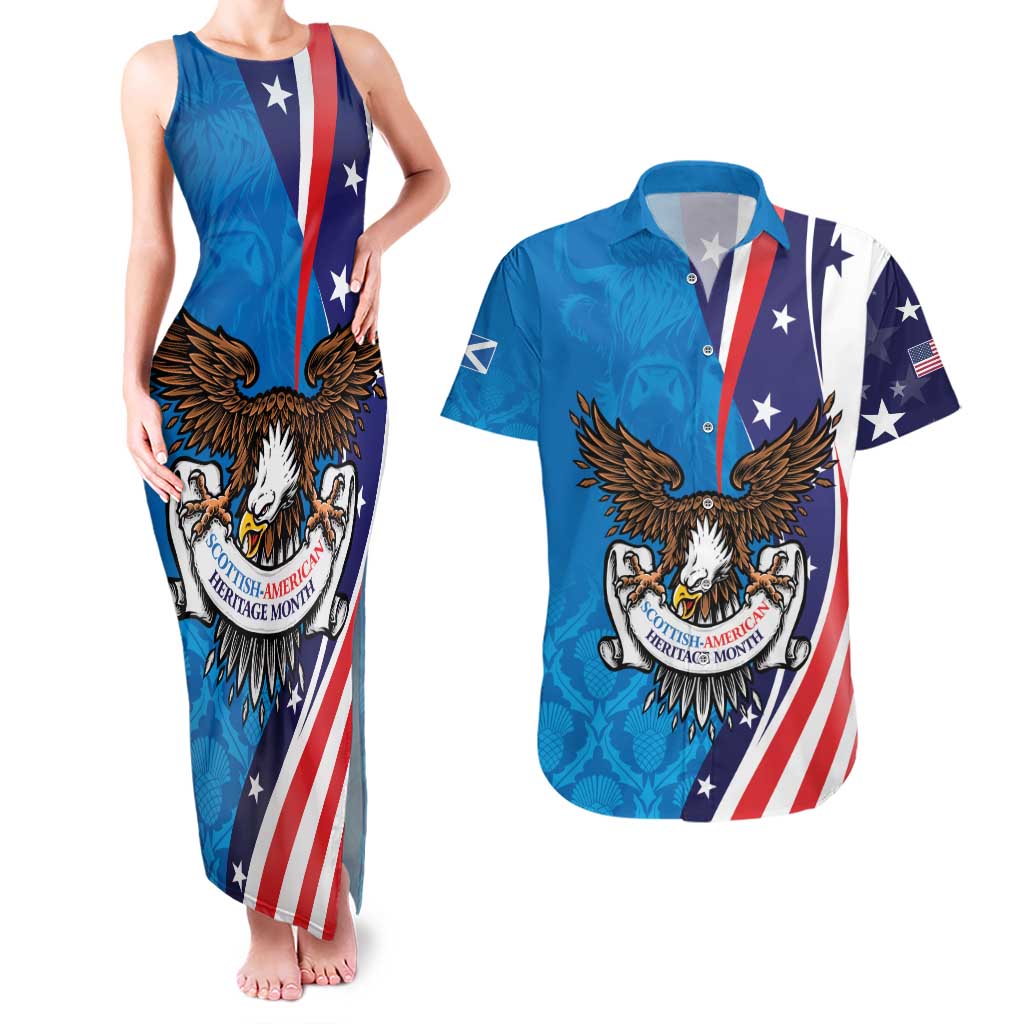 Scottish-American Heritage Month Personalized Couples Matching Tank Maxi Dress and Hawaiian Shirt Highland Cow and USA-eagle