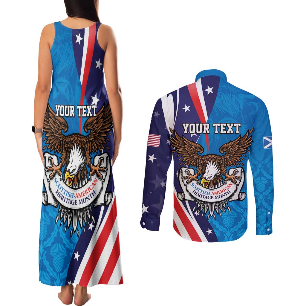 Scottish-American Heritage Month Personalized Couples Matching Tank Maxi Dress and Long Sleeve Button Shirt Highland Cow and USA-eagle