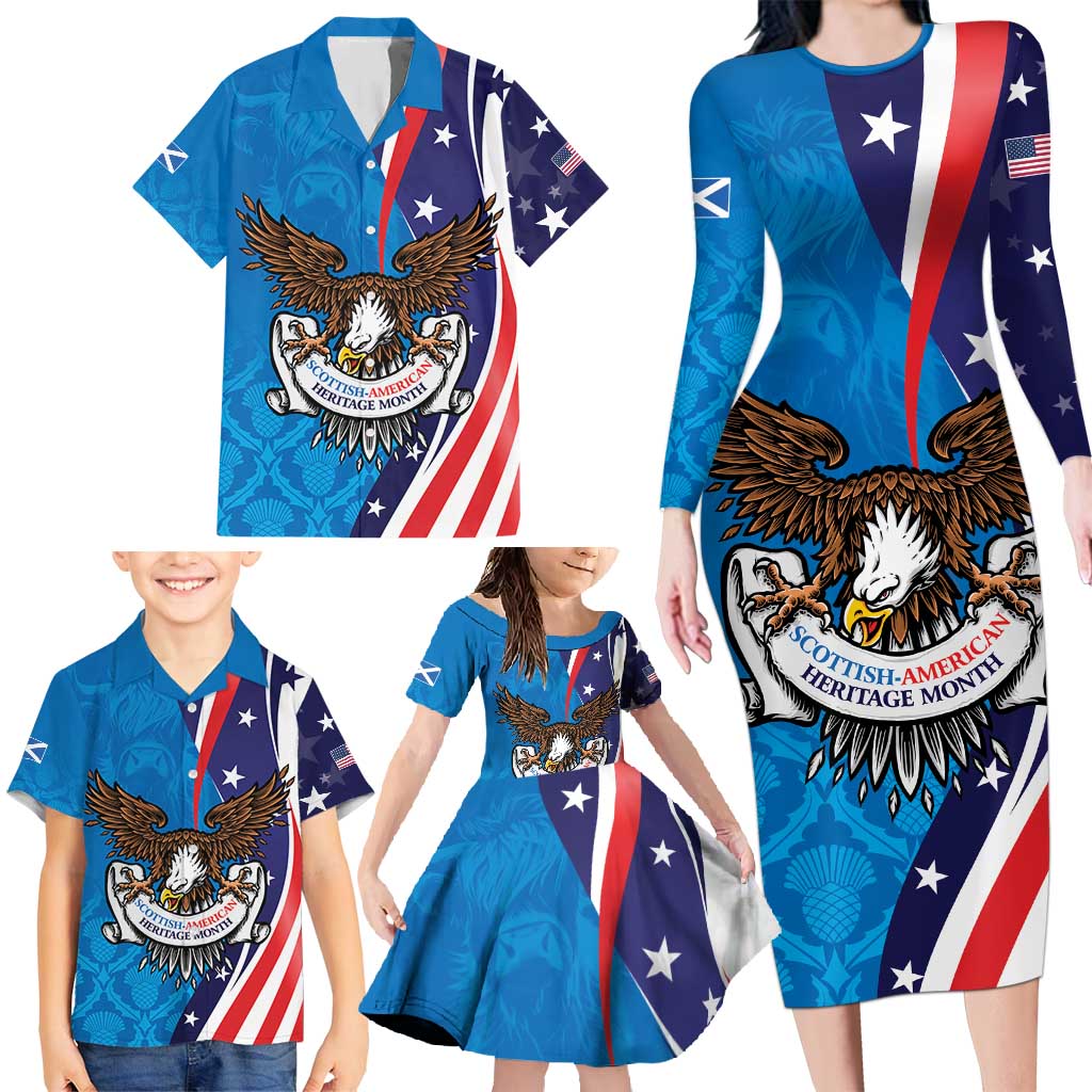 Scottish-American Heritage Month Personalized Family Matching Long Sleeve Bodycon Dress and Hawaiian Shirt Highland Cow and USA-eagle