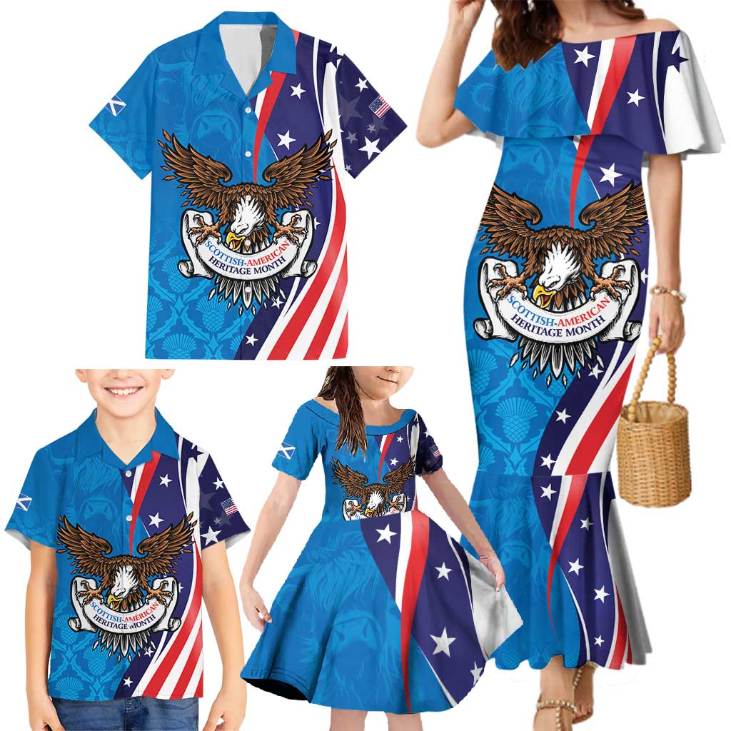 Scottish-American Heritage Month Personalized Family Matching Mermaid Dress and Hawaiian Shirt Highland Cow and USA-eagle