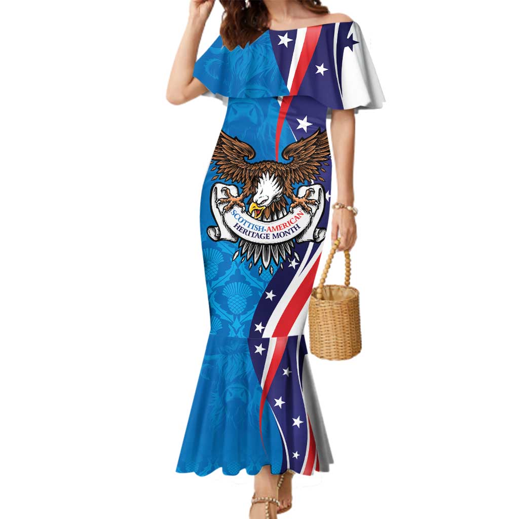 Scottish-American Heritage Month Personalized Family Matching Mermaid Dress and Hawaiian Shirt Highland Cow and USA-eagle