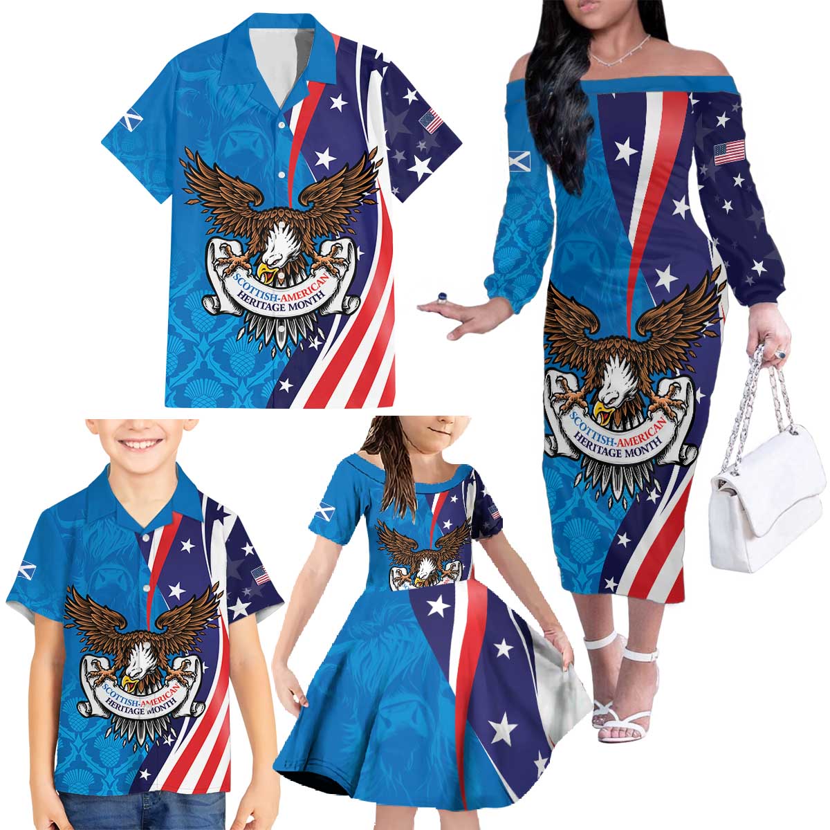 Scottish-American Heritage Month Personalized Family Matching Off The Shoulder Long Sleeve Dress and Hawaiian Shirt Highland Cow and USA-eagle