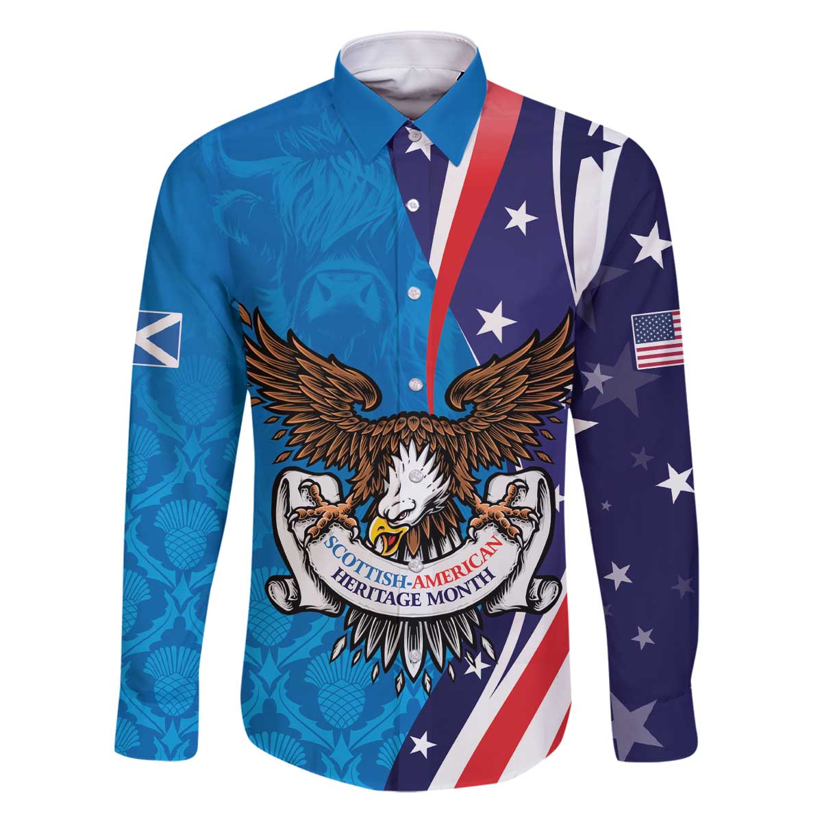 Scottish-American Heritage Month Personalized Family Matching Off The Shoulder Long Sleeve Dress and Hawaiian Shirt Highland Cow and USA-eagle