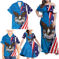 Scottish-American Heritage Month Personalized Family Matching Off Shoulder Maxi Dress and Hawaiian Shirt Highland Cow and USA-eagle