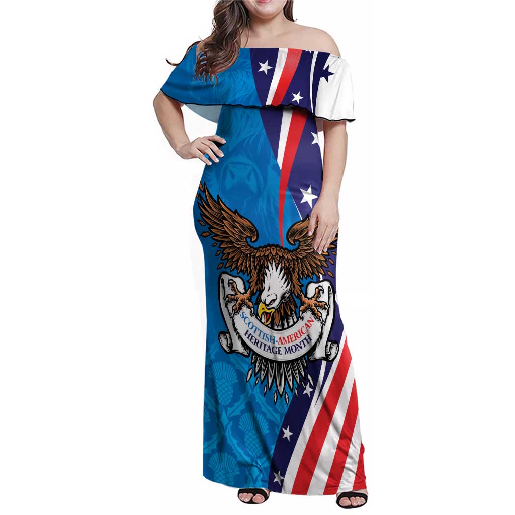 Scottish-American Heritage Month Personalized Family Matching Off Shoulder Maxi Dress and Hawaiian Shirt Highland Cow and USA-eagle
