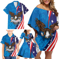 Scottish-American Heritage Month Personalized Family Matching Off Shoulder Short Dress and Hawaiian Shirt Highland Cow and USA-eagle