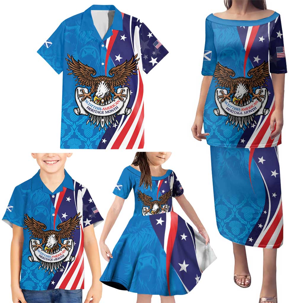 Scottish-American Heritage Month Personalized Family Matching Puletasi and Hawaiian Shirt Highland Cow and USA-eagle