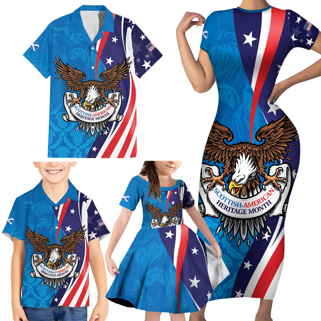 Scottish-American Heritage Month Personalized Family Matching Short Sleeve Bodycon Dress and Hawaiian Shirt Highland Cow and USA-eagle