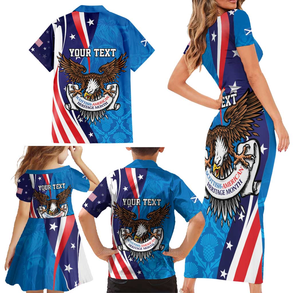 Scottish-American Heritage Month Personalized Family Matching Short Sleeve Bodycon Dress and Hawaiian Shirt Highland Cow and USA-eagle