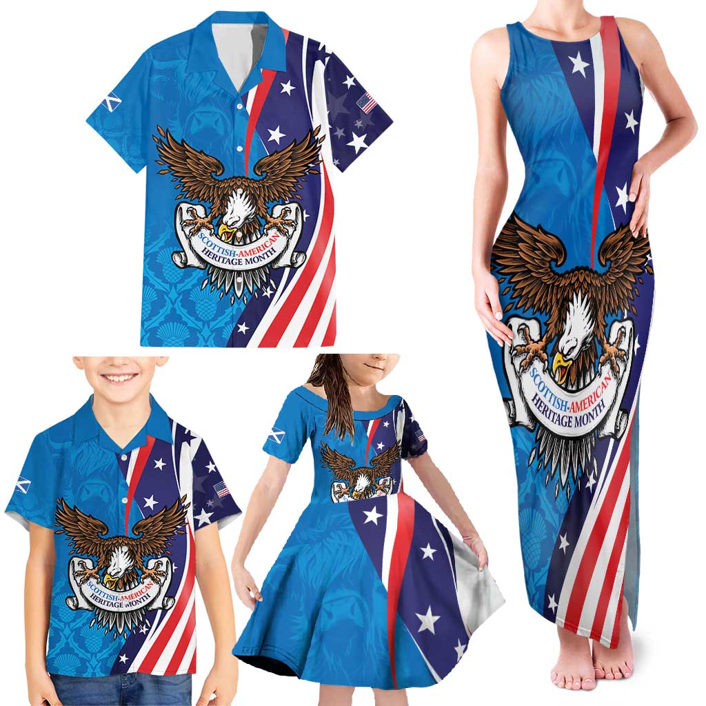 Scottish-American Heritage Month Personalized Family Matching Tank Maxi Dress and Hawaiian Shirt Highland Cow and USA-eagle