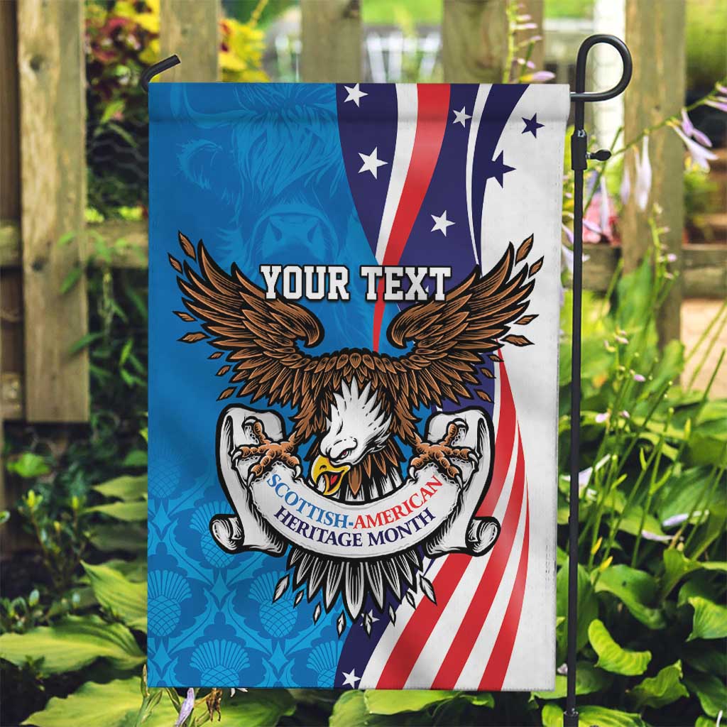 Scottish-American Heritage Month Personalized Garden Flag Highland Cow and USA-eagle