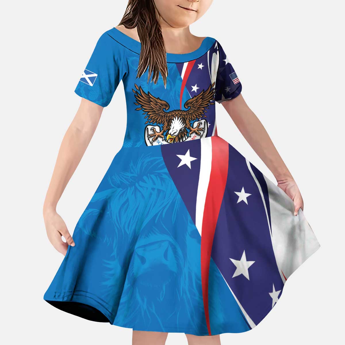 Scottish-American Heritage Month Personalized Kid Short Sleeve Dress Highland Cow and USA-eagle