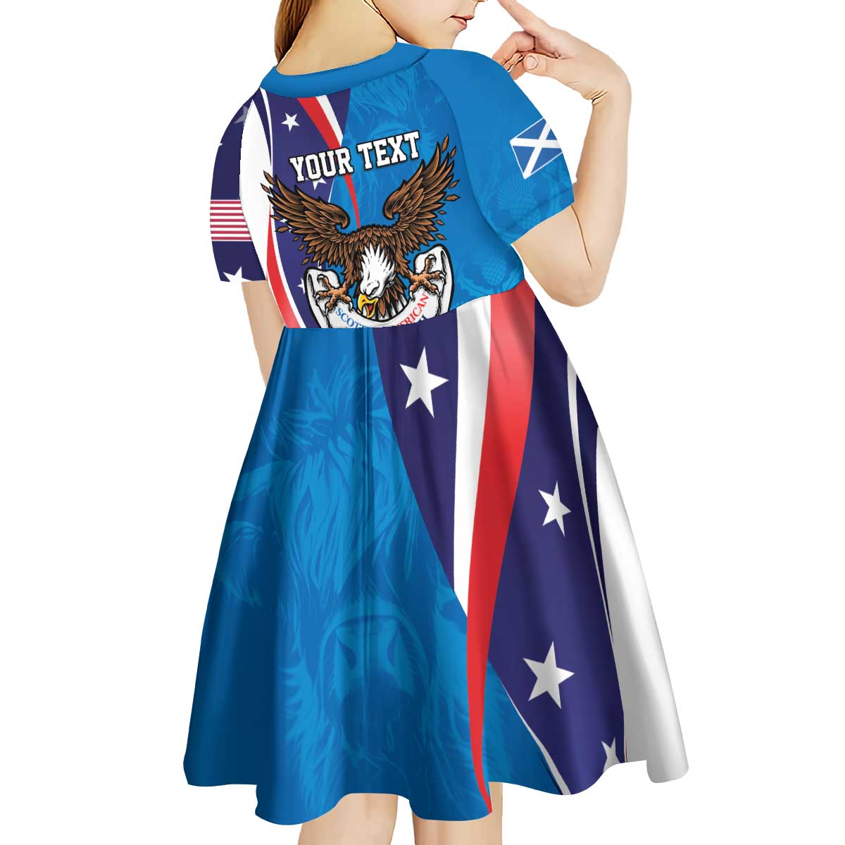 Scottish-American Heritage Month Personalized Kid Short Sleeve Dress Highland Cow and USA-eagle