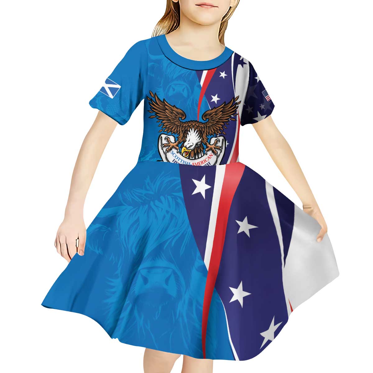 Scottish-American Heritage Month Personalized Kid Short Sleeve Dress Highland Cow and USA-eagle