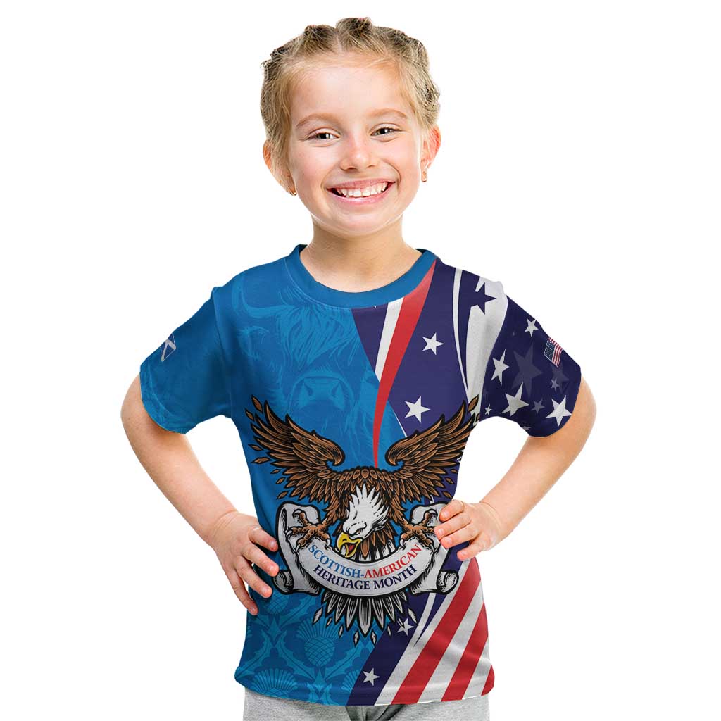 Scottish-American Heritage Month Personalized Kid T Shirt Highland Cow and USA-eagle